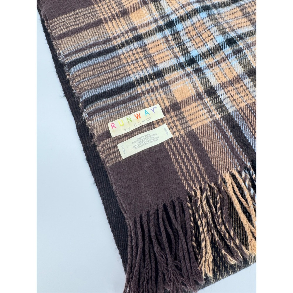 Runway by Echo Brown Plaid Oversized Fringed Wrap Scarf One Size Acrylic Shawl - Picture 3 of 5